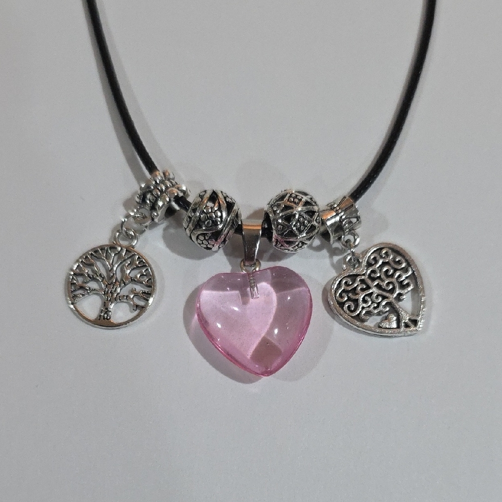 Pink Heart Bead & Silver Charm Necklace – 18" Black Cord Chic Women’s Jewelry - Picture 3 of 8
